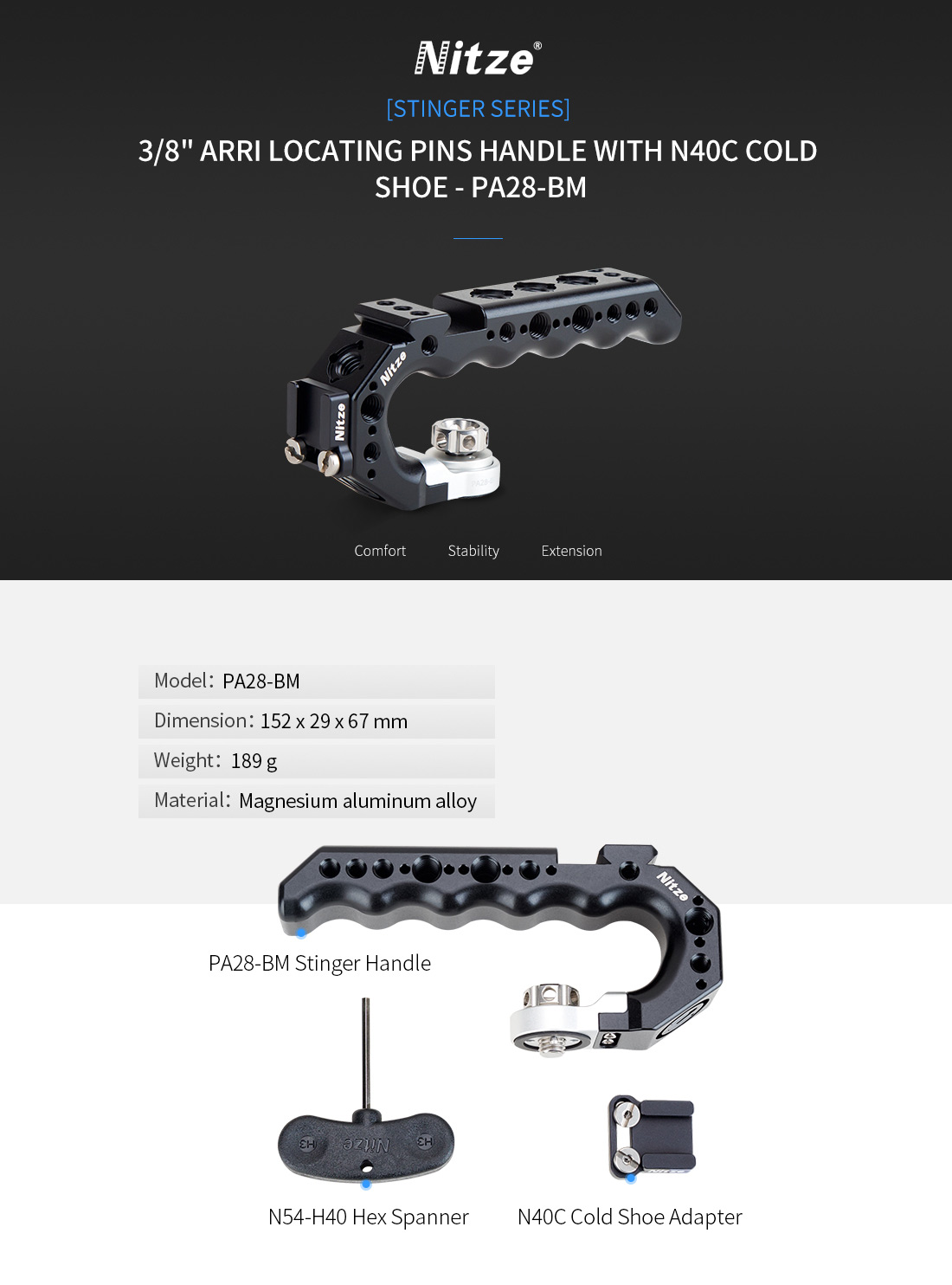 Nitze Stinger Handle with 3/8” ARRI Locating Pins - Magnesium 