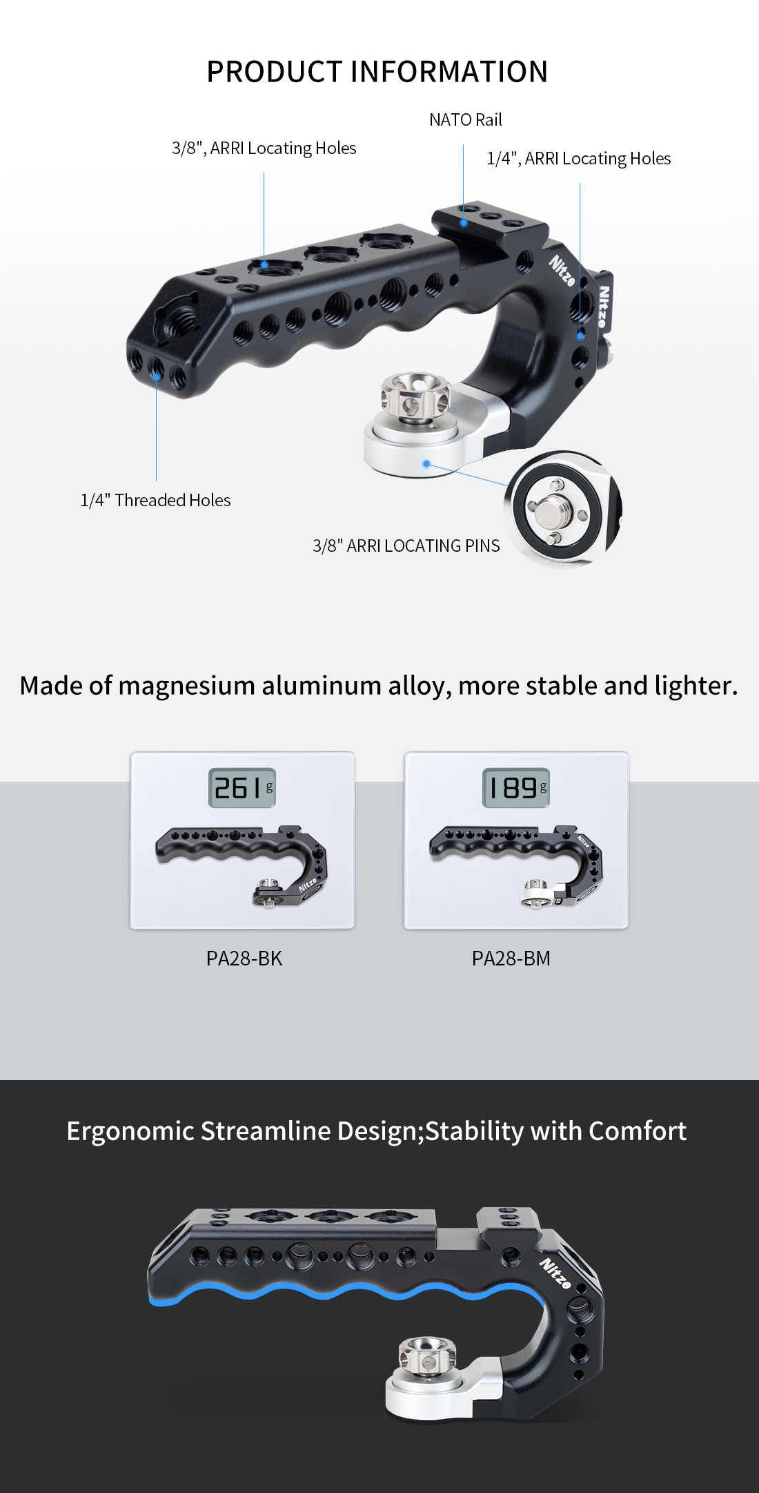 Nitze Stinger Handle with 3/8” ARRI Locating Pins - Magnesium 